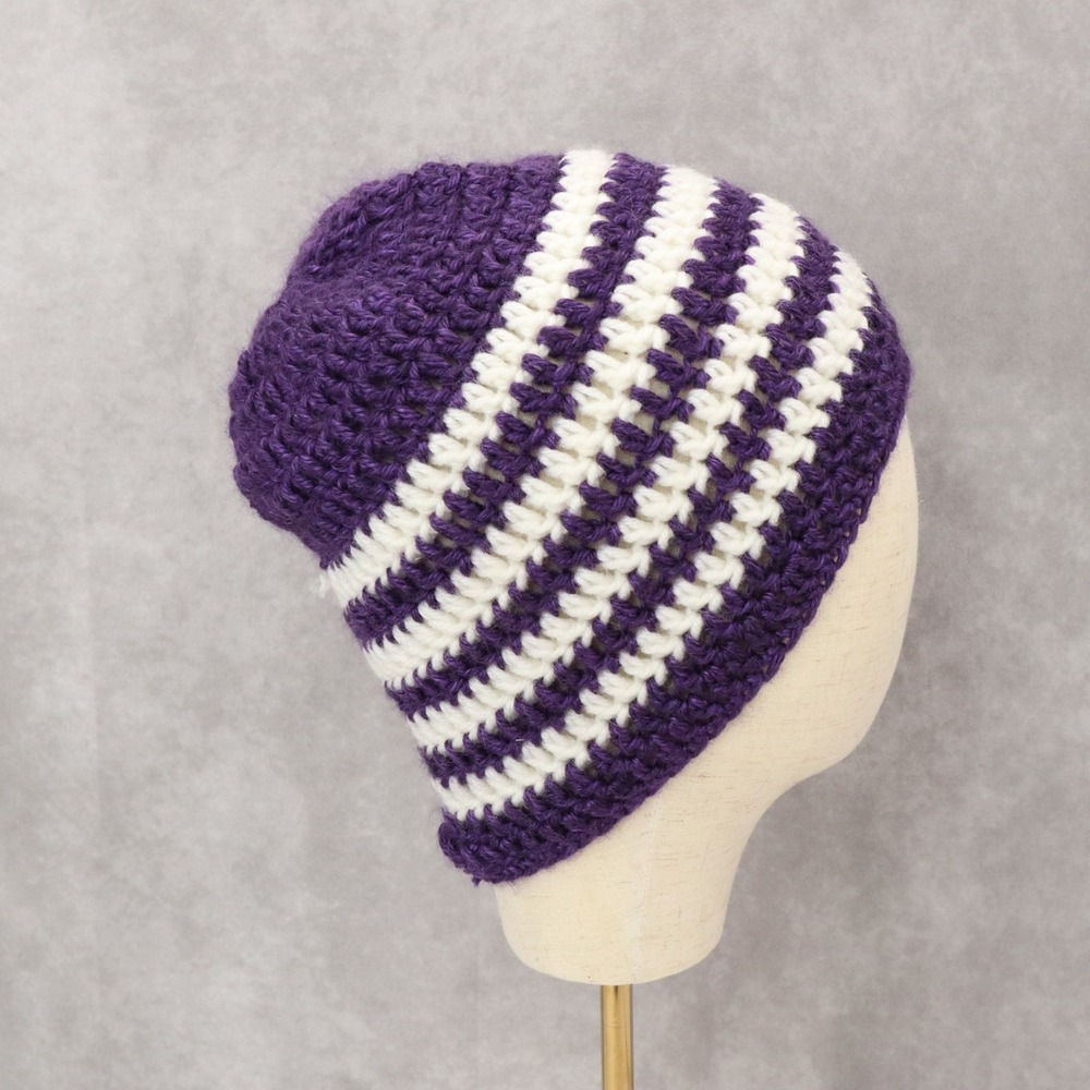Purple Chevron Multi Color Crochet Cable Knit Y2K Vintage Cottage Beanie Cap Hat